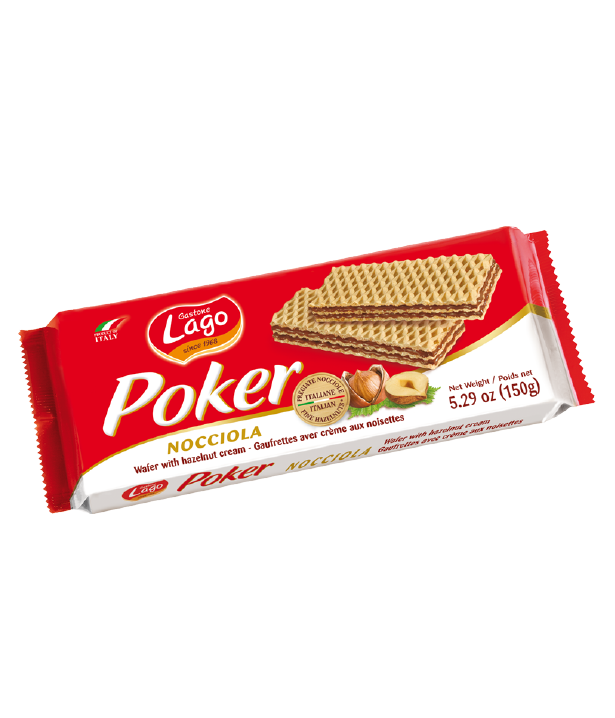 A packet of hazelnut Lago Poker wafters