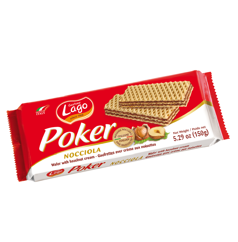 A packet of hazelnut Lago Poker wafters