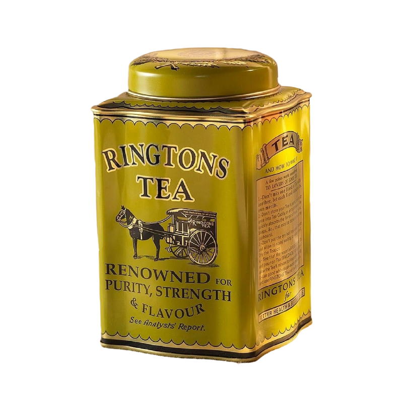A green metal Ringtons tea caddy