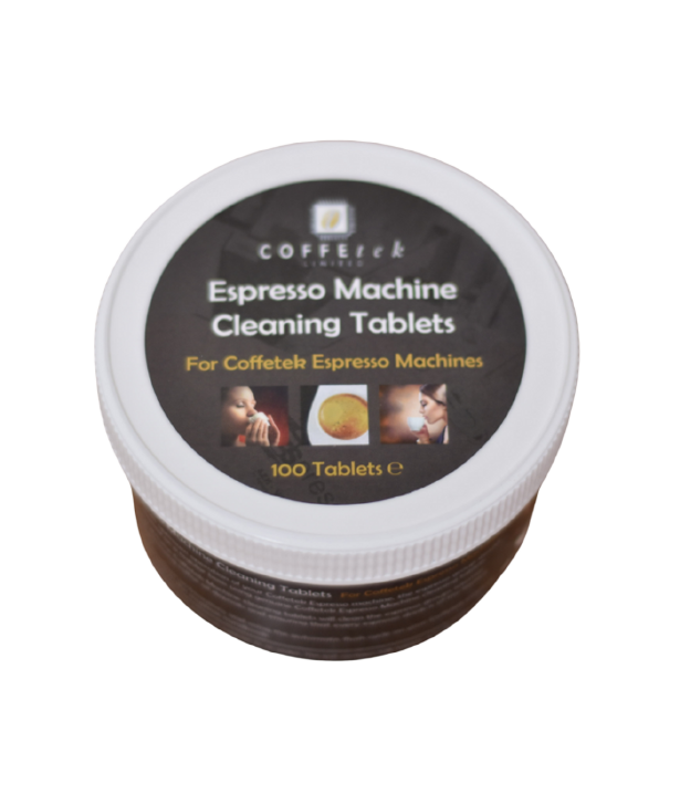 A container of Coffetek espresso machine cleaning tablets