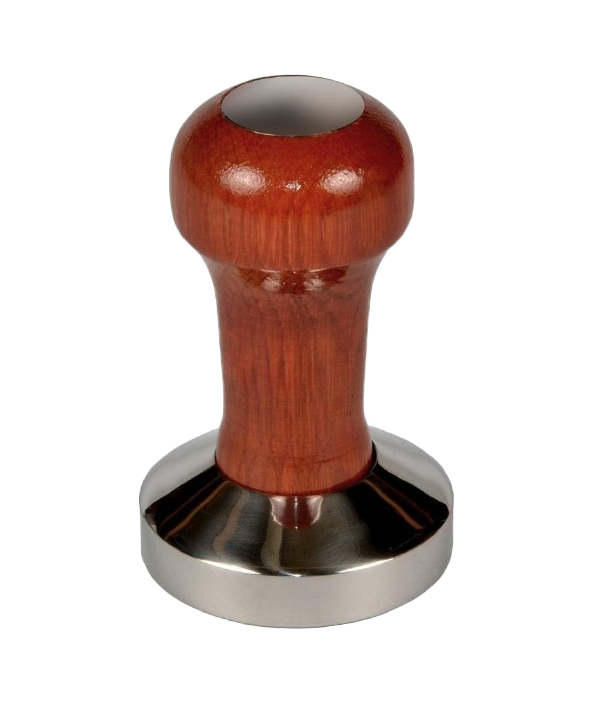 A metal coffee tamp with a wooden handle