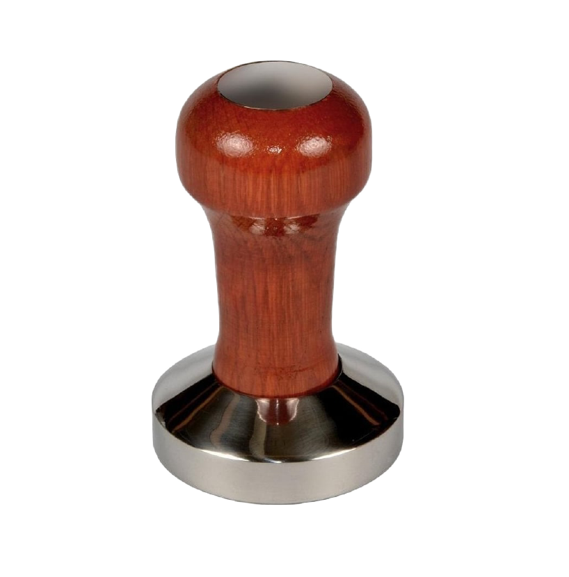 A metal coffee tamp with a wooden handle