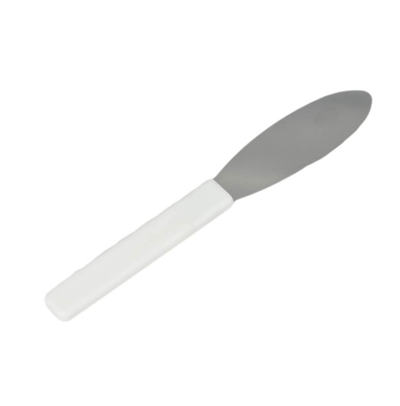 A metal spatula with a white handle