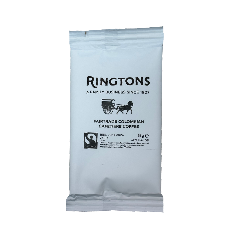 A packet of Ringtons fairtrade colombian cafetiere coffee