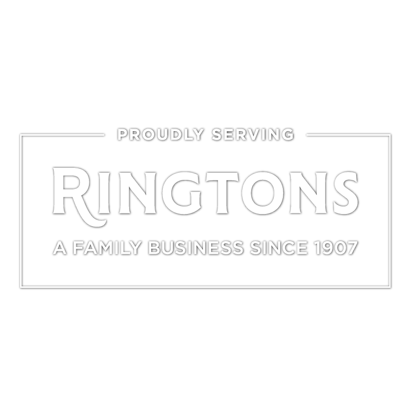 A white Ringtons window sticker saying 'proudly serving Ringtons, a family business since 1907'