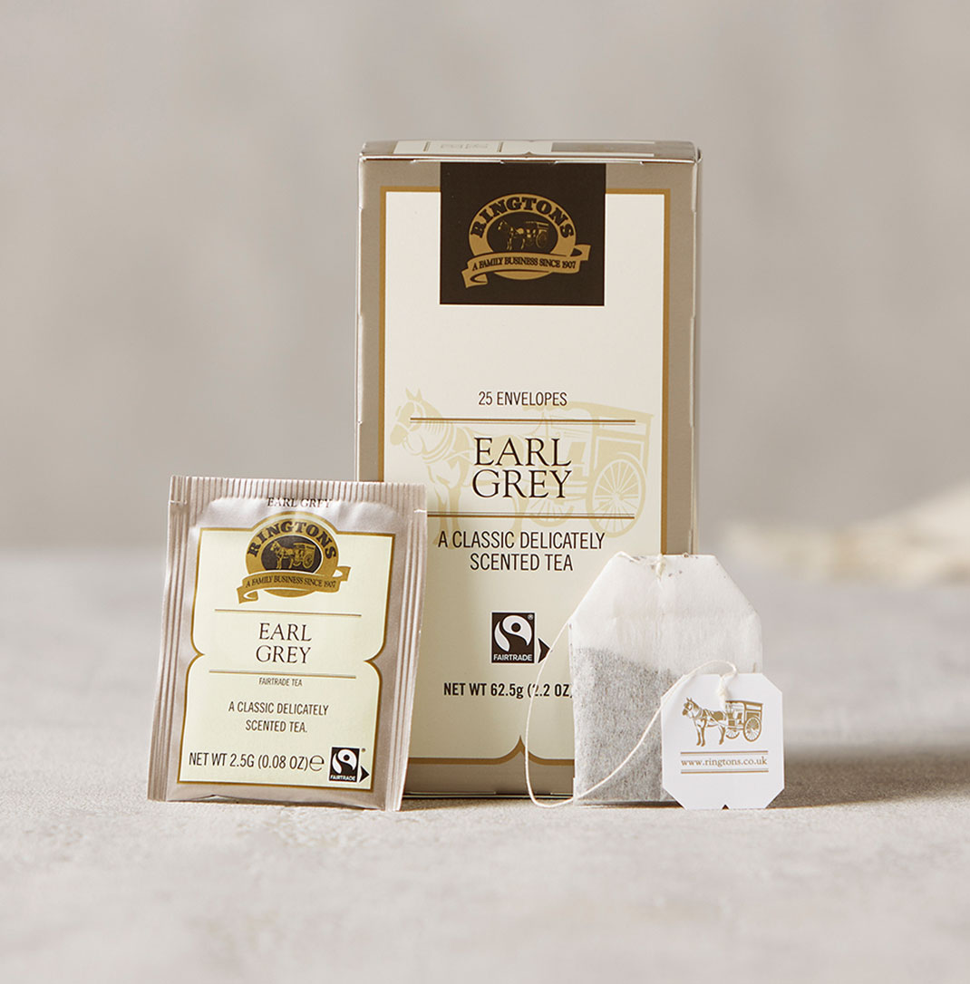 A box of earl grey tag and envelope teabags