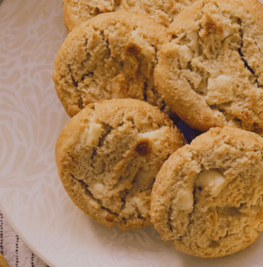 A plate of Ringtons gluten free white chocolate and lemon cookies