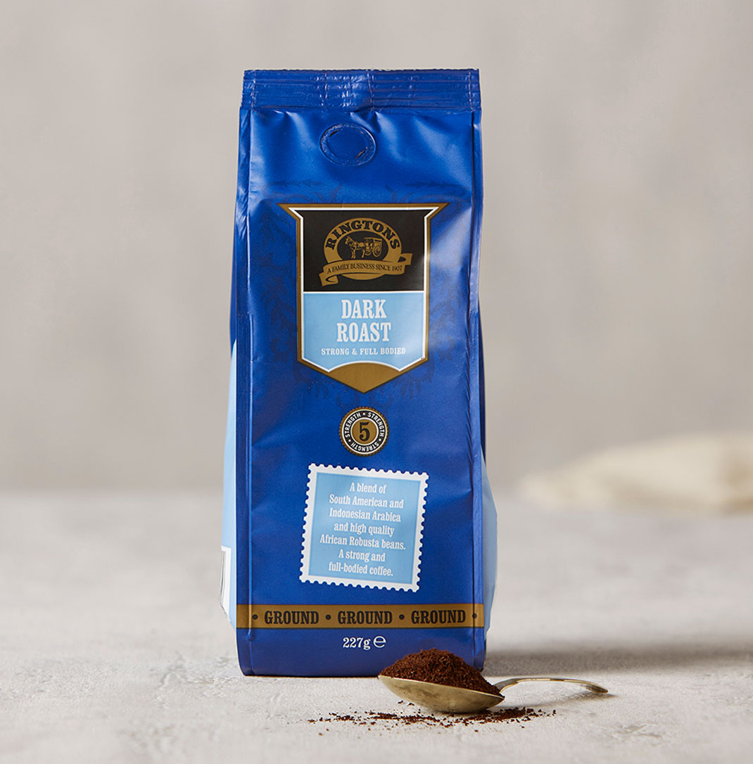 A packet of Ringtons dark roast ground coffee