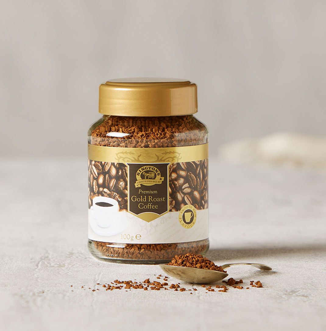 A jar of Ringtons premium gold roast instant coffee