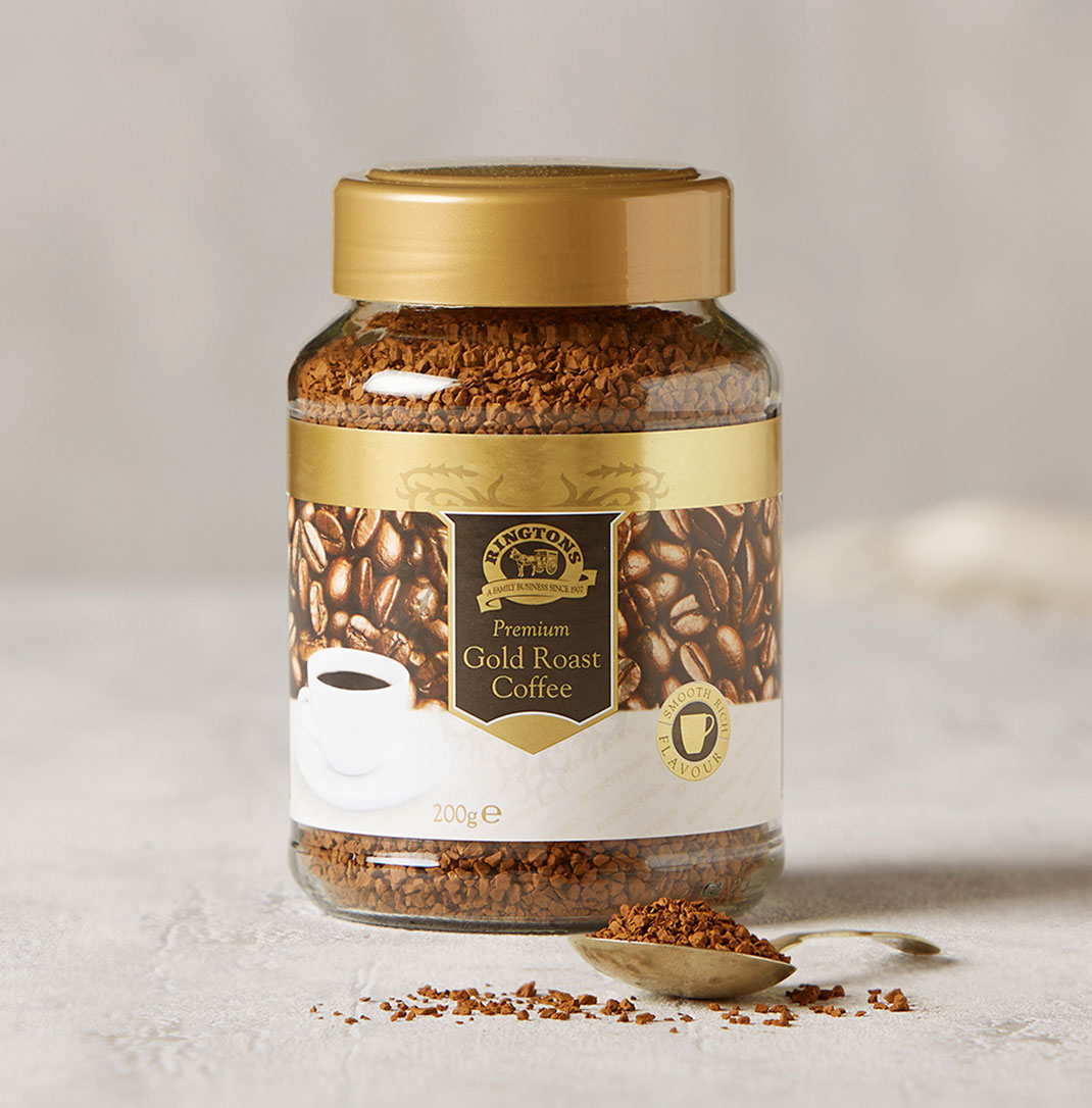 A jar of Ringtons premium gold roast instant coffee