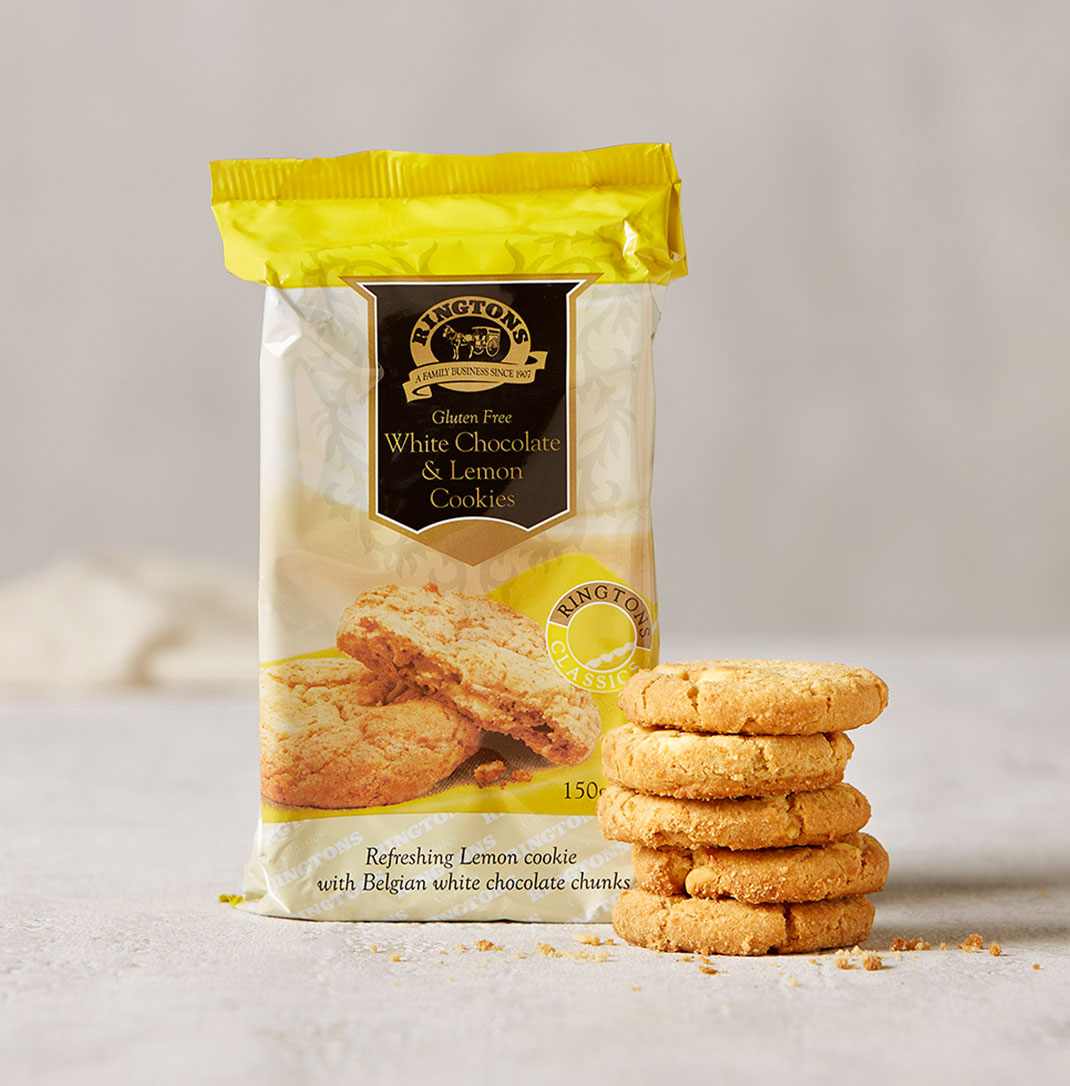 A packet of Ringtons gluten free white chocolate and lemon cookies