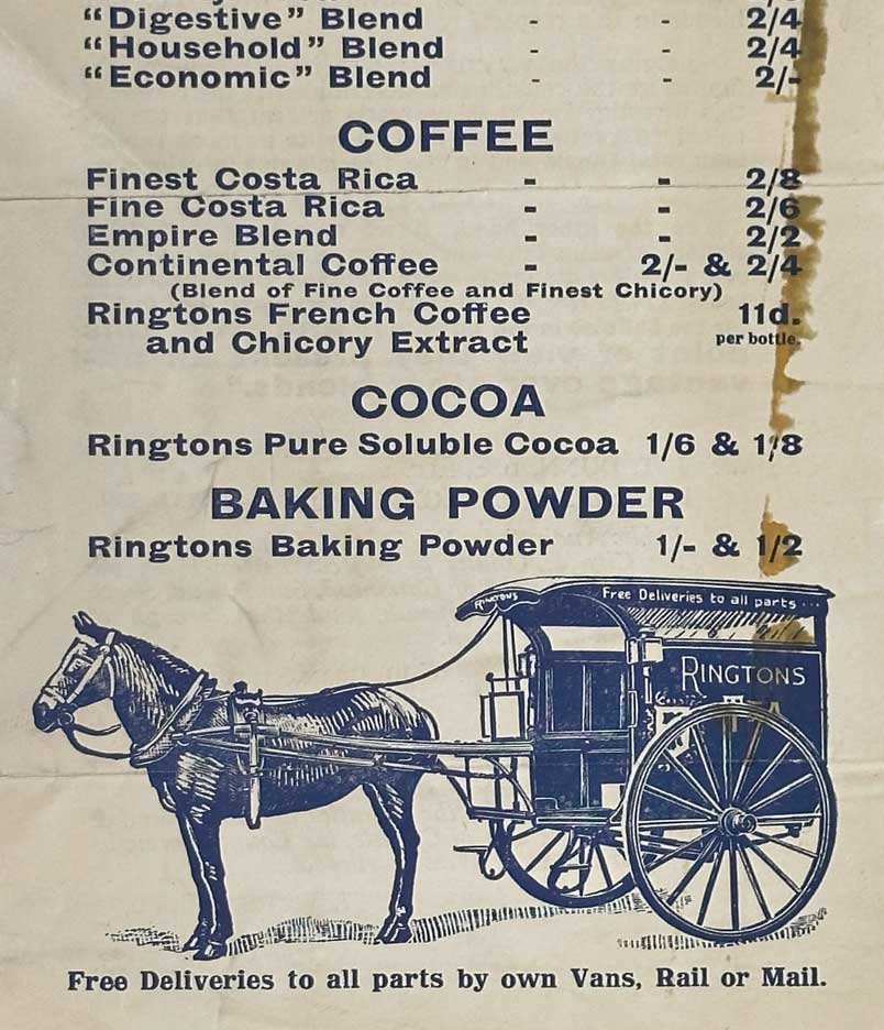 Archival photo of Ringtons price list